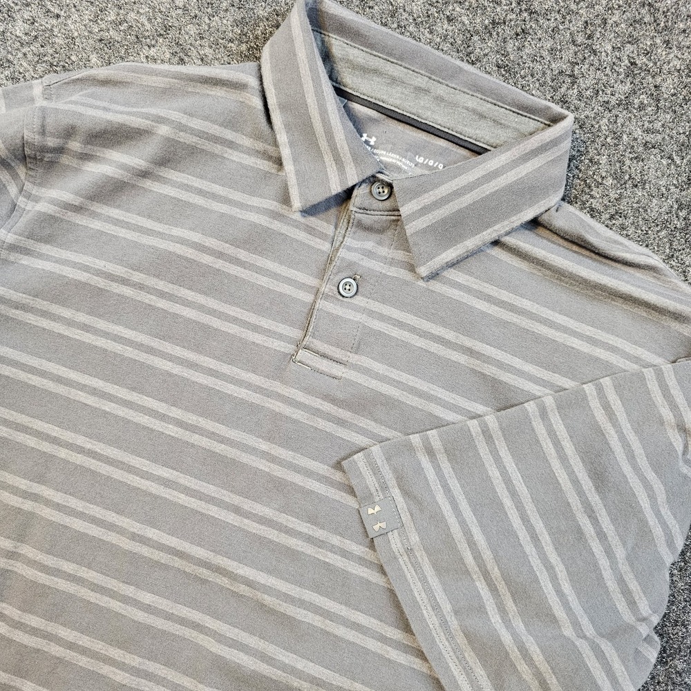 Under Armour Mens L HeatGear Polo Gray Striped Performance Golf Casual Shirt